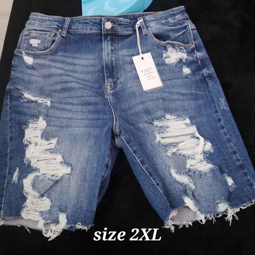 Distressed Denim Bermuda Shorts - Blue